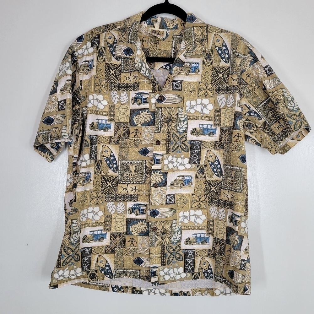 VTG Mens L Brown Tribal Geometric Surfboard Van Pineapple Aloha Camp Shirt Beach